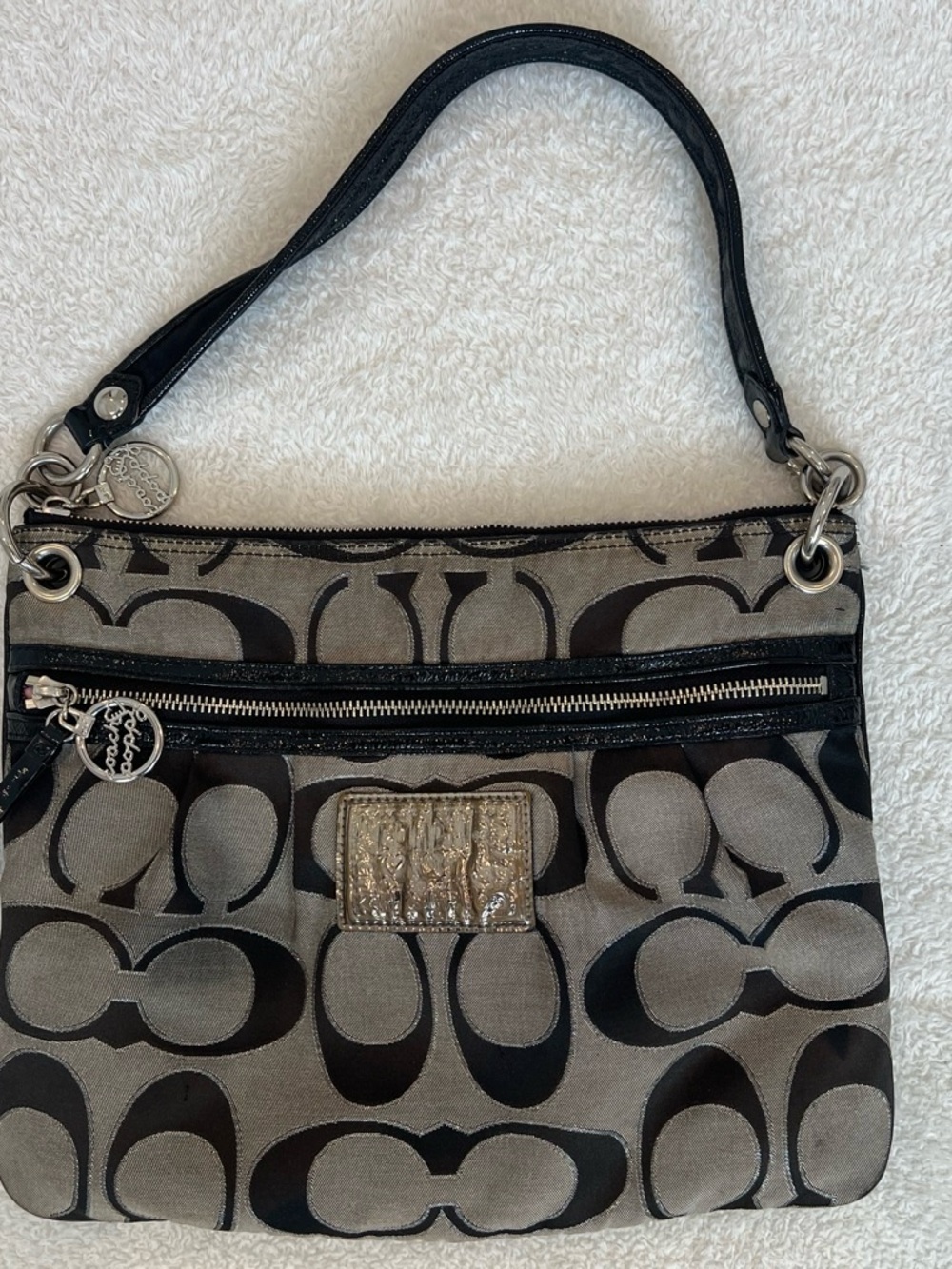 Coach Black & Gray Signature Canvas Shoulder Bag with Leather Trim